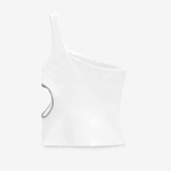 Zara - Ladies One Shoulder Asymmetric Rhinestone Top-White. Size: M. NWT. (1431) - Picture 14 of 14